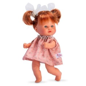 MUÑECA VESTIDO ROSA FLOR BEIGE LAZOS COLETAS DE TUL BEIGE 20 CM